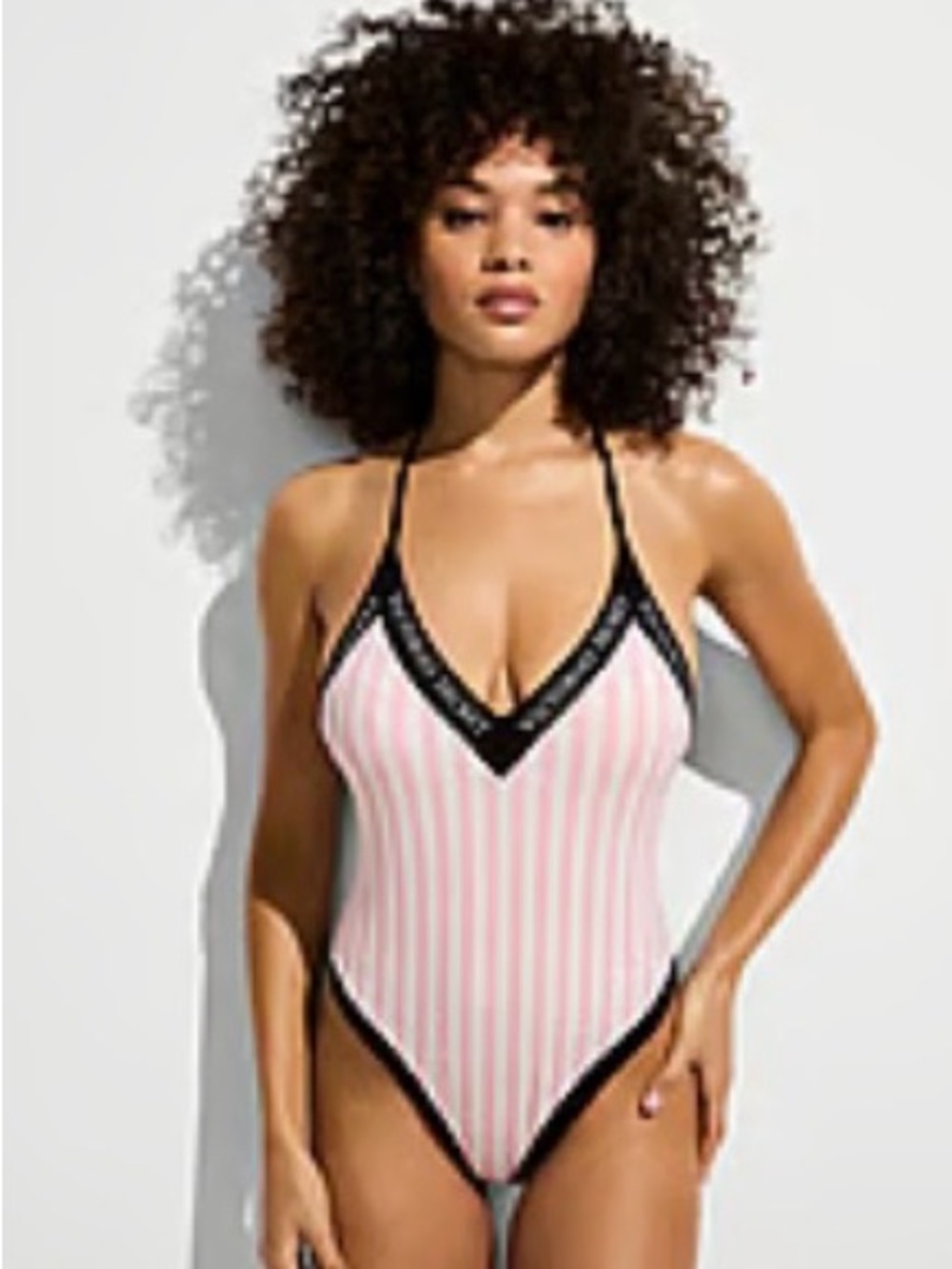 Victoria's Secret Pink & White Striped Lace-Trim One-Piece